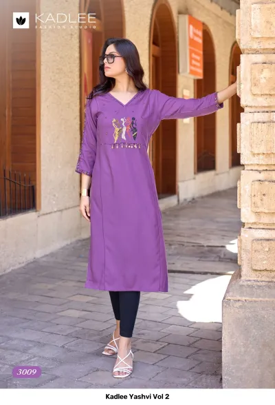 Kadlee Yashvi Vol 2: Purple straight cut kurti with themed thread work embroidery on the chest and sleeves.