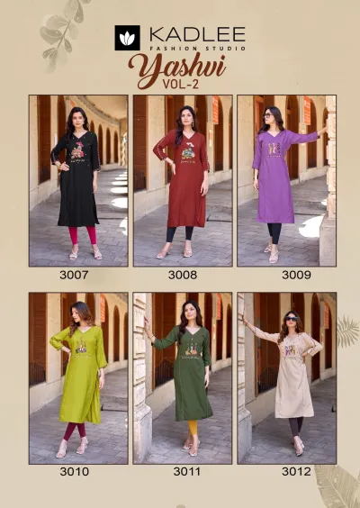 Kadlee Yashvi Vol 2: Catalog cover featuring a collage of six different women wearing varied colored kurtis with themed embroidery.