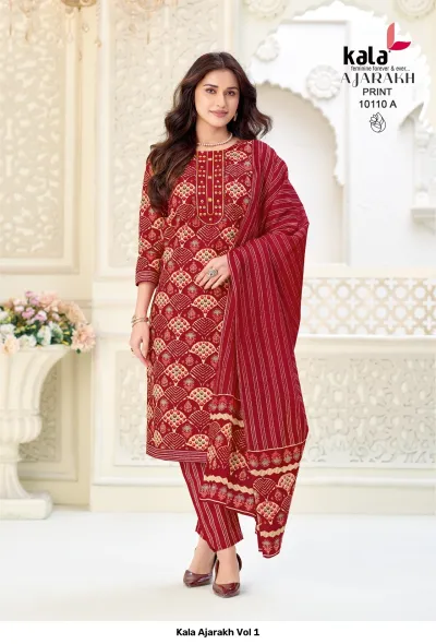 Kala Ajarakh Vol 1, dark red salwar suit featuring a geometric Ajarakh print and matching dupatta.