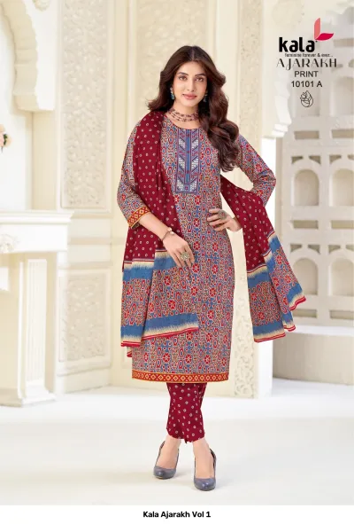 Kala Ajarakh Vol 1, maroon salwar suit with red and blue Ajarakh block print and a patterned dupatta.