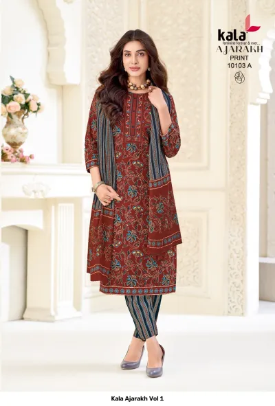 Kala Ajarakh Vol 1, brown salwar suit with floral Ajarakh block print and striped trousers.