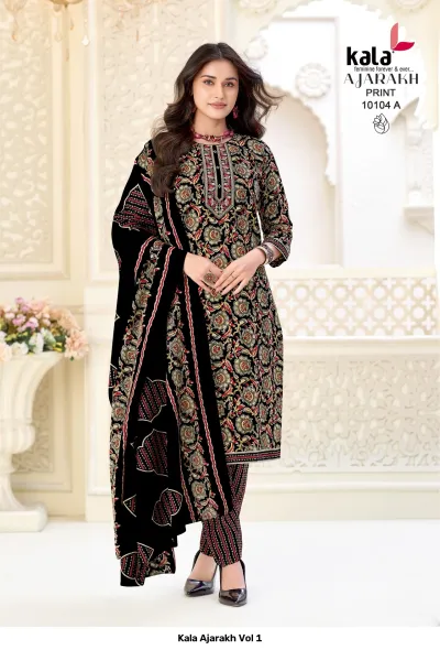 Kala Ajarakh Vol 1, black salwar suit with intricate floral Ajarakh block print and matching dupatta.