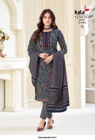 Kala Ajarakh Vol 1, dark blue salwar suit with red and white Ajarakh print and thread work detail.