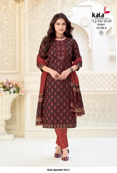 Kala Ajarakh Vol 1, brown salwar suit with red floral Ajarakh print and a coordinating patterned dupatta.