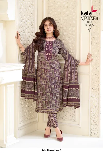 Kala Ajarakh Vol 1, greyish-purple salwar suit with geometric Ajarakh print and a matching dupatta.