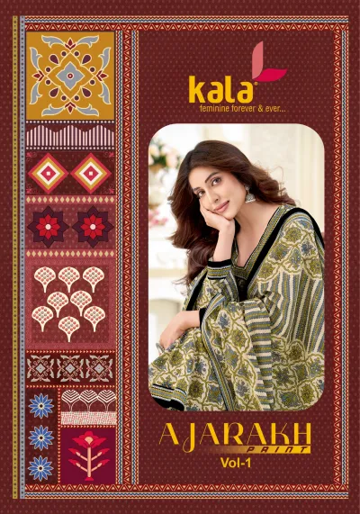 Kala Ajrakh Vol 1: Catalog cover featuring a model wearing a beige and green printed salwar suit with block print patterns.