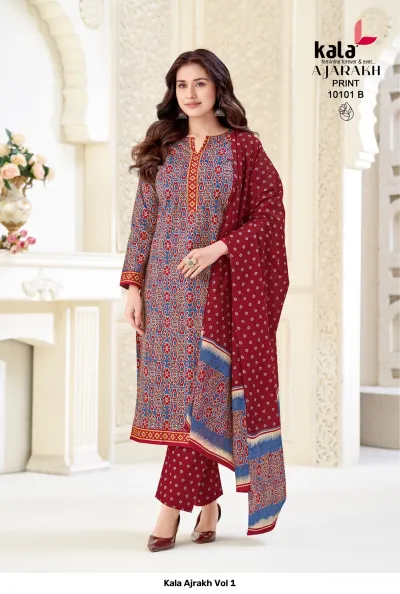 Kala Ajrakh Vol 1: Maroon and blue printed salwar suit with a matching dupatta featuring traditional block print motifs.