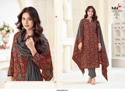 Kala Ajrakh Vol 1: Maroon and blue printed salwar suit with floral motifs and striped trousers.