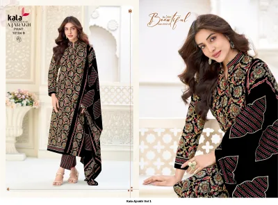 Kala Ajrakh Vol 1: Black and multi-colored printed salwar suit with intricate patterns and a matching dupatta.