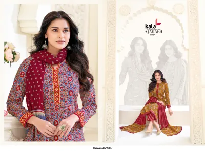 Kala Ajrakh Vol 1: Maroon and blue printed salwar suit featuring geometric and floral patterns with a matching dupatta.