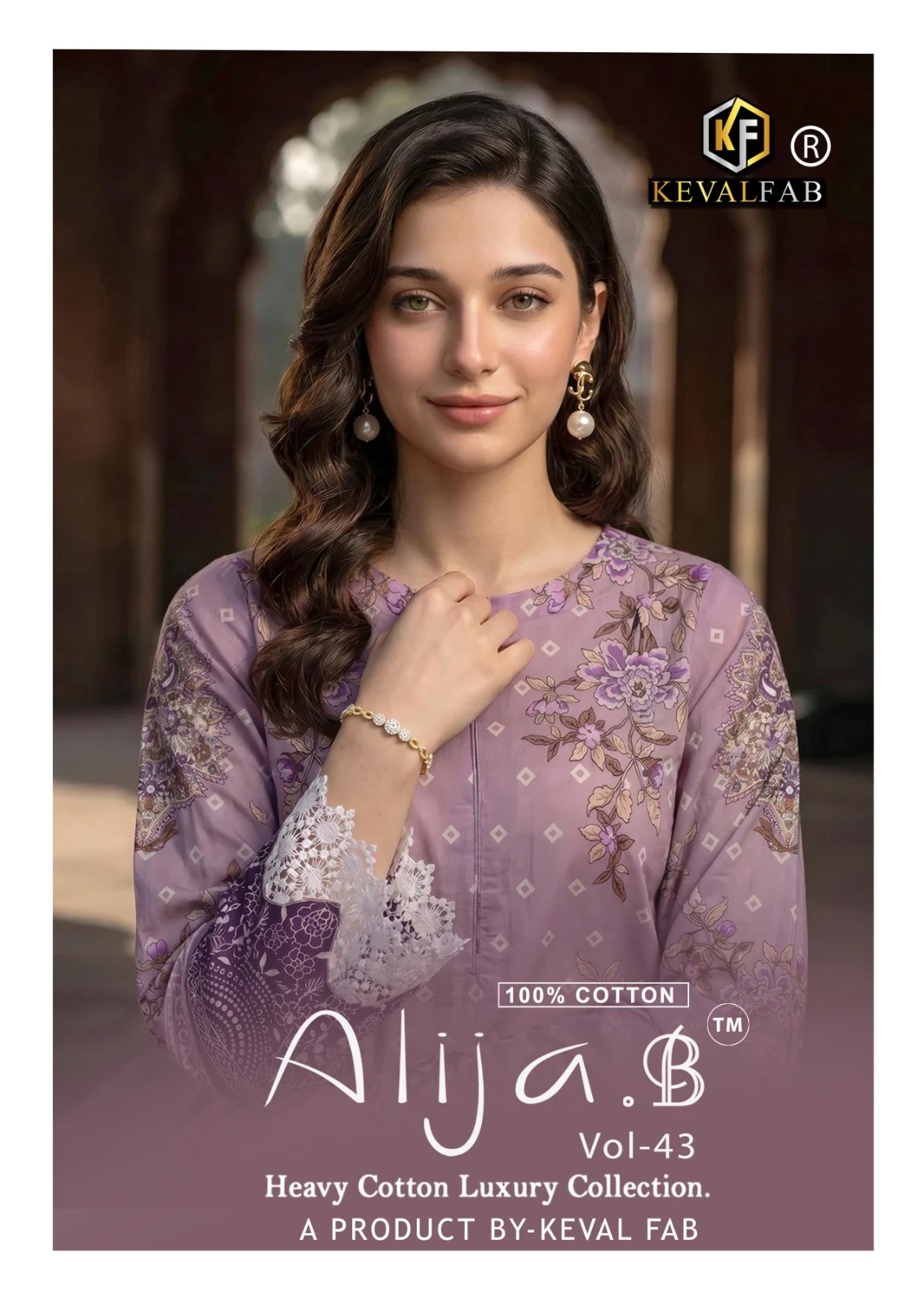 Keval Alija B Vol 43, close-up portrait of woman wearing a mauve floral printed cotton kurti with delicate white lace sleeve embellishments.