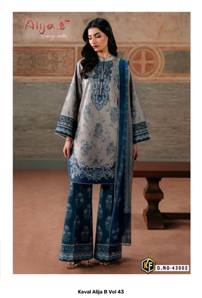 Keval Alija B Vol 43, grey and blue cotton salwar suit featuring floral prints, thread work embroidery on neckline, and palazzo pants.
