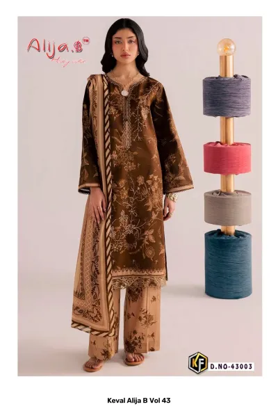 Keval Alija B Vol 43, brown and beige cotton salwar suit featuring all-over floral and botanical prints with matching dupatta.