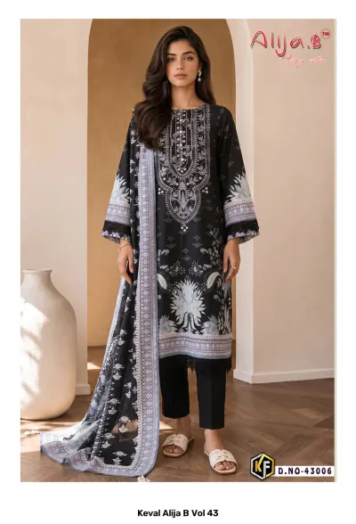 Keval Alija B Vol 43, black and grey cotton salwar suit featuring ornate white floral print patterns and embroidery on the neckline.