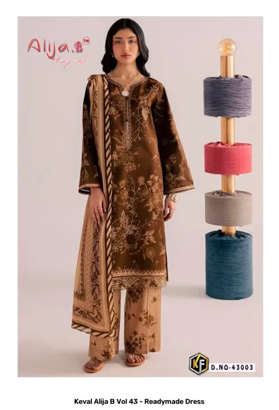Keval Alija B Vol 43 - Readymade Dress design 4 of 8 — Heavy Lawn Cotton Pakistani Readymade Suits with print by Keval Fab, wholesale Surat
