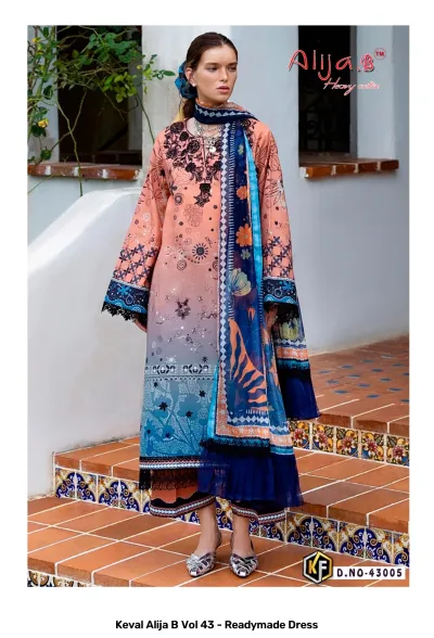 Keval Alija B Vol 43 - Readymade Dress design 6 of 8 — Heavy Lawn Cotton Pakistani Readymade Suits with print by Keval Fab, wholesale Surat