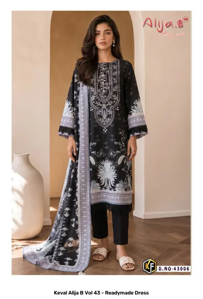 Keval Alija B Vol 43 - Readymade Dress design 7 of 8 — Heavy Lawn Cotton Pakistani Readymade Suits with print by Keval Fab, wholesale Surat
