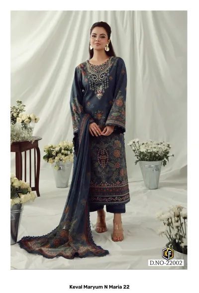 Keval Maryum N Maria 22 Vol 22: Woman wearing a dark grey cotton salwar suit featuring floral prints, thread work embroidery, and a matching dupatta.