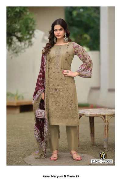 Keval Maryum N Maria 22 Vol 22: Woman wearing a beige-brown cotton salwar suit with detailed thread work, embroidery, and a contrasting printed dupatta.