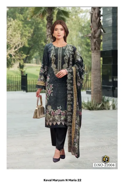 Keval Maryum N Maria 22 Vol 22: Woman wearing a black cotton salwar suit with floral prints, thread work, and a coordinating patterned dupatta.