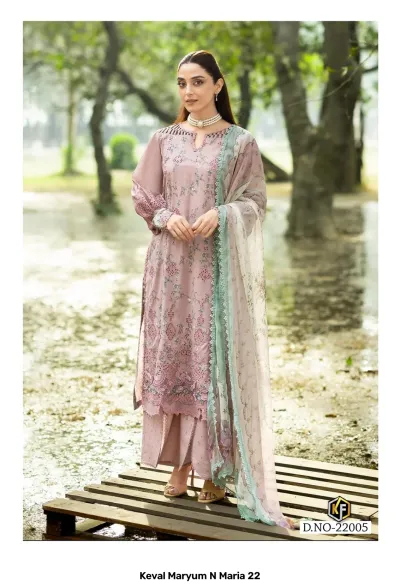 Keval Maryum N Maria 22 Vol 22: Woman wearing a light pink cotton salwar suit with floral motifs, thread work, and a lightweight printed dupatta.