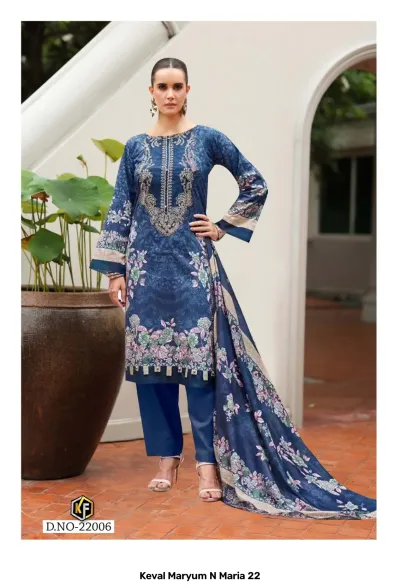 Keval Maryum N Maria 22 Vol 22: Woman wearing a deep blue cotton salwar suit featuring floral prints, thread work embroidery, and a printed dupatta.