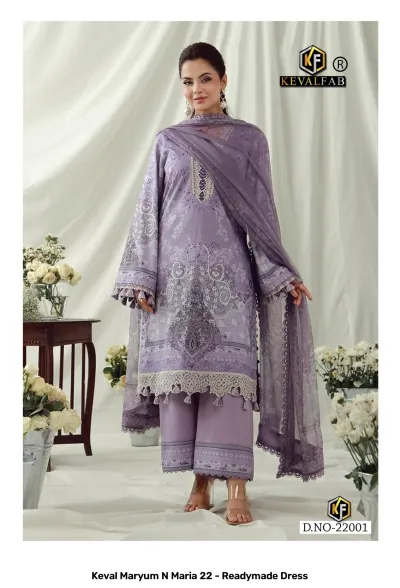 Keval Maryum N Maria 22 - Readymade Dress: Light purple cotton salwar suit with printed patterns, delicate embroidery, and an elegant matching dupatta.