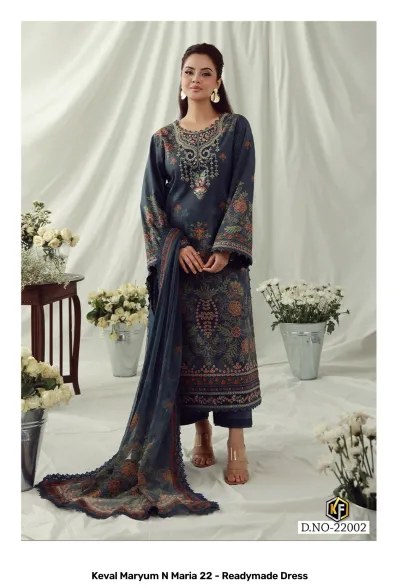 Keval Maryum N Maria 22 - Readymade Dress: Dark grey cotton salwar suit featuring intricate thread work embroidery, floral prints, and a coordinating dupatta.
