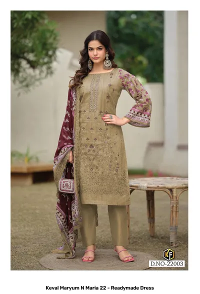 Keval Maryum N Maria 22 - Readymade Dress: Beige cotton salwar suit with detailed embroidery, floral accents, and a contrasting maroon printed dupatta.