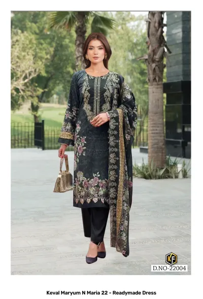 Keval Maryum N Maria 22 - Readymade Dress: Black cotton salwar suit with floral prints, detailed zari and thread work embroidery, and a matching dupatta.