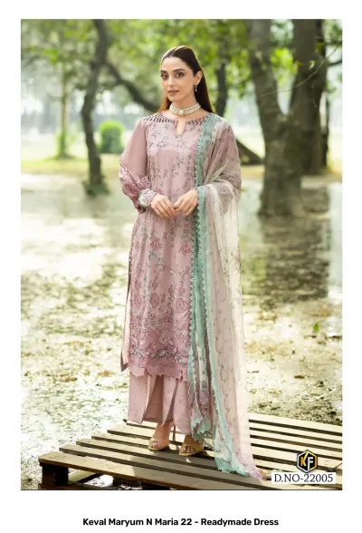 Keval Maryum N Maria 22 - Readymade Dress: Pink floral cotton salwar suit featuring intricate thread work embroidery and a light, airy dupatta.