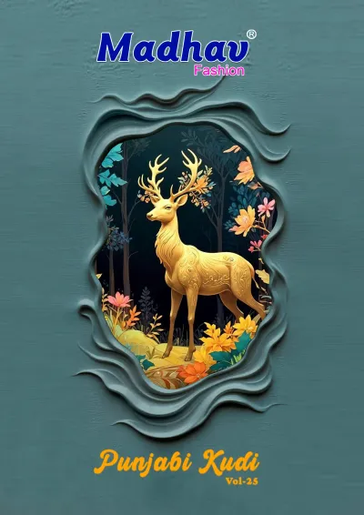 Madhav Punjabi Kudi Vol 25 catalog cover features an artistic deer illustration with floral elements on a dark blue background.