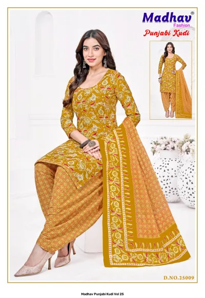 Madhav Punjabi Kudi Vol 25 yellow and orange salwar suit featuring a floral printed kurti, geometric salwar, and a patterned dupatta.