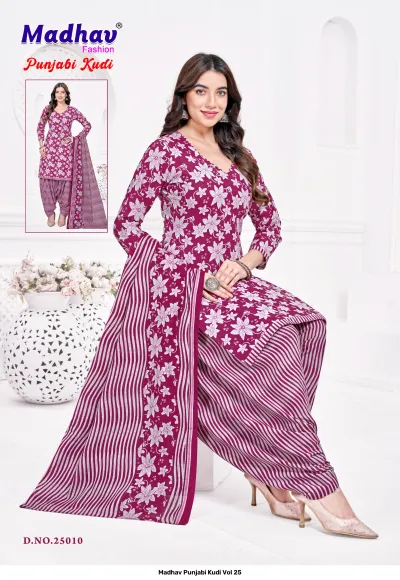 Madhav Punjabi Kudi Vol 25 maroon and white salwar suit featuring a floral kurti, striped salwar, and a matching floral printed dupatta.