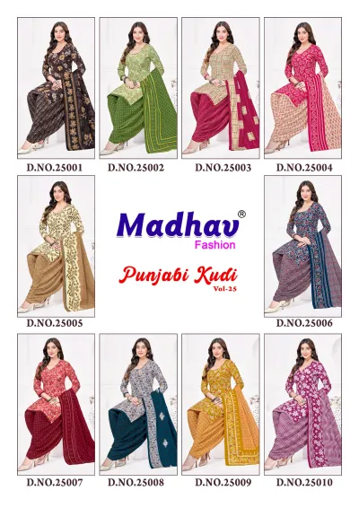 Madhav Punjabi Kudi Vol 25 catalog collage showing multiple salwar suit designs in various colors and patterns.