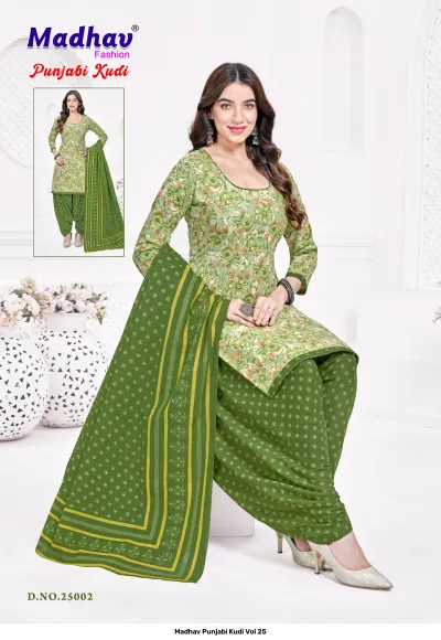Madhav Punjabi Kudi Vol 25 green salwar suit featuring an all-over floral kurti, small-patterned salwar, and a matching printed dupatta.