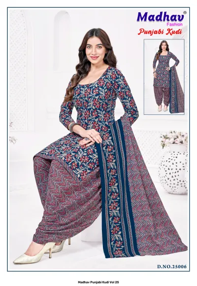 Madhav Punjabi Kudi Vol 25 blue and maroon salwar suit featuring a floral kurti, zig-zag pattern salwar, and a matching printed dupatta.