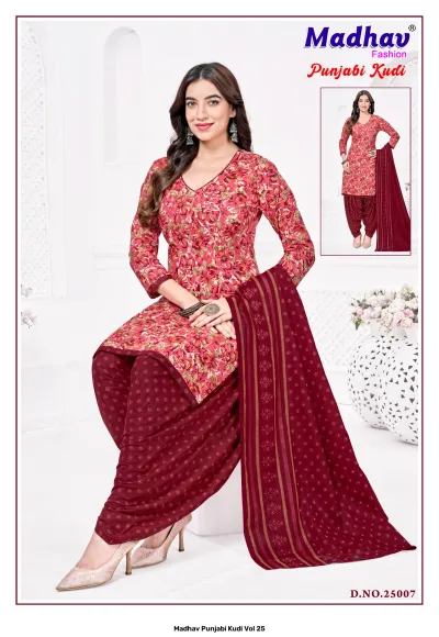 Madhav Punjabi Kudi Vol 25 maroon and red floral salwar suit with a printed kurti, small-patterned salwar, and a coordinating printed dupatta.
