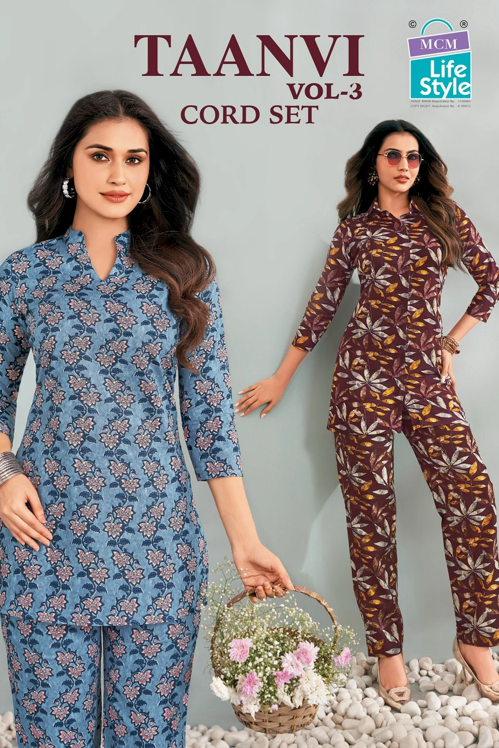 MCM Taanvi Vol 3 catalog cover featuring various printed cotton cord sets with floral and patterned designs.