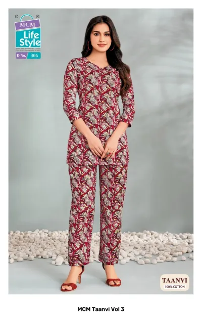 MCM Taanvi Vol 3 maroon cord set with a floral printed kurta and matching pants in 100% cotton.