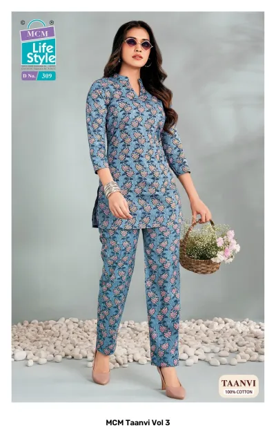MCM Taanvi Vol 3 blue cord set featuring a floral printed cotton kurta and matching straight trousers.