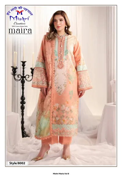Mishri Maria Vol 8: Peach cotton salwar suit with floral print and lace embellishment on the sleeves and hem.