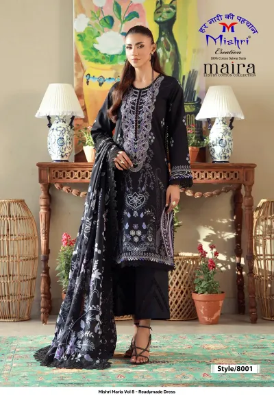 Mishri Maria Vol 8 - Readymade Dress black cotton Pakistani suit with intricate colorful thread embroidery and a printed dupatta.