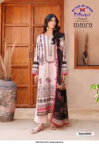 Mishri Maria Vol 8 - Readymade Dress light pink printed cotton Pakistani suit with black and pink accents and a black floral dupatta.