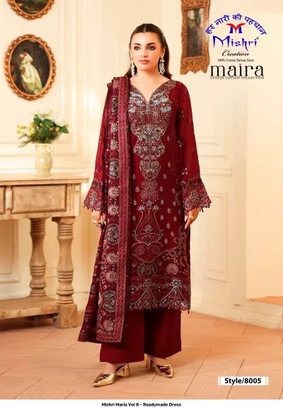 Mishri Maria Vol 8 - Readymade Dress deep red Pakistani suit with heavy intricate thread embroidery and coordinating solid trousers.