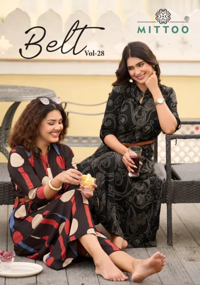 Mittoo Belt Vol 28, catalog cover featuring women wearing various printed kurtis with brown waist belts.