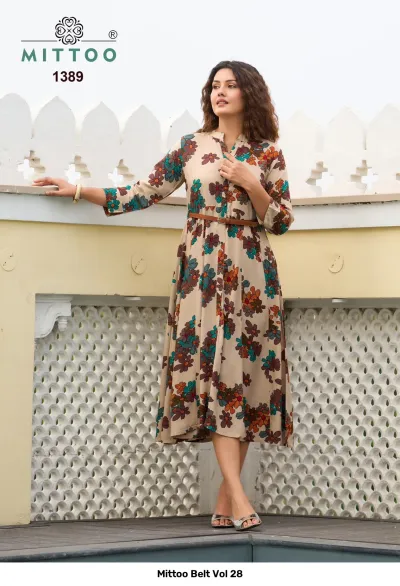 Mittoo Belt Vol 28, beige kurti with multicolored floral print, mandarin collar, and a brown waist belt.