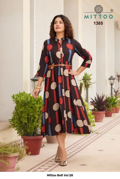 Mittoo Belt Vol 28, black kurti with geometric circles and stripes, mandarin collar, and a brown waist belt.