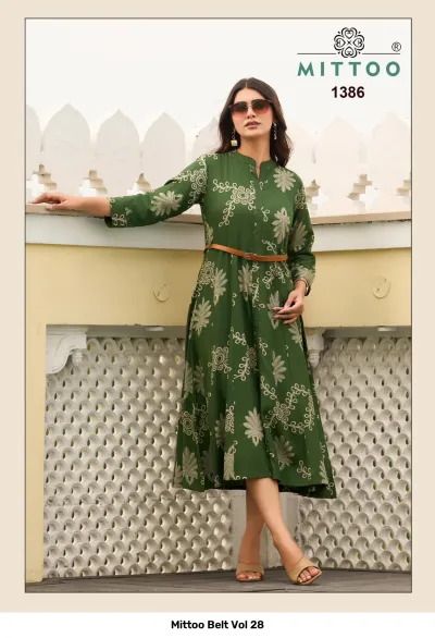 Mittoo Belt Vol 28, green kurti with white leaf-style print, mandarin collar, and a brown waist belt.