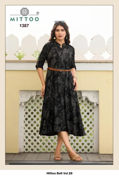 Mittoo Belt Vol 28, black kurti with grey paisley-style print, mandarin collar, and a brown waist belt.
